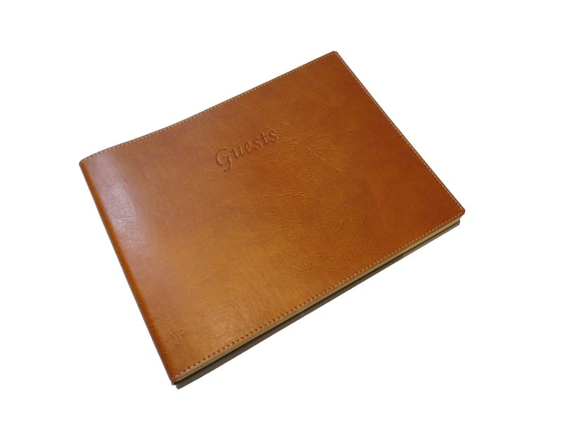 Fiorentina - Soft Cover Italian Leather Guest Book with Guests Embossed on Cover - Tan - Image 1